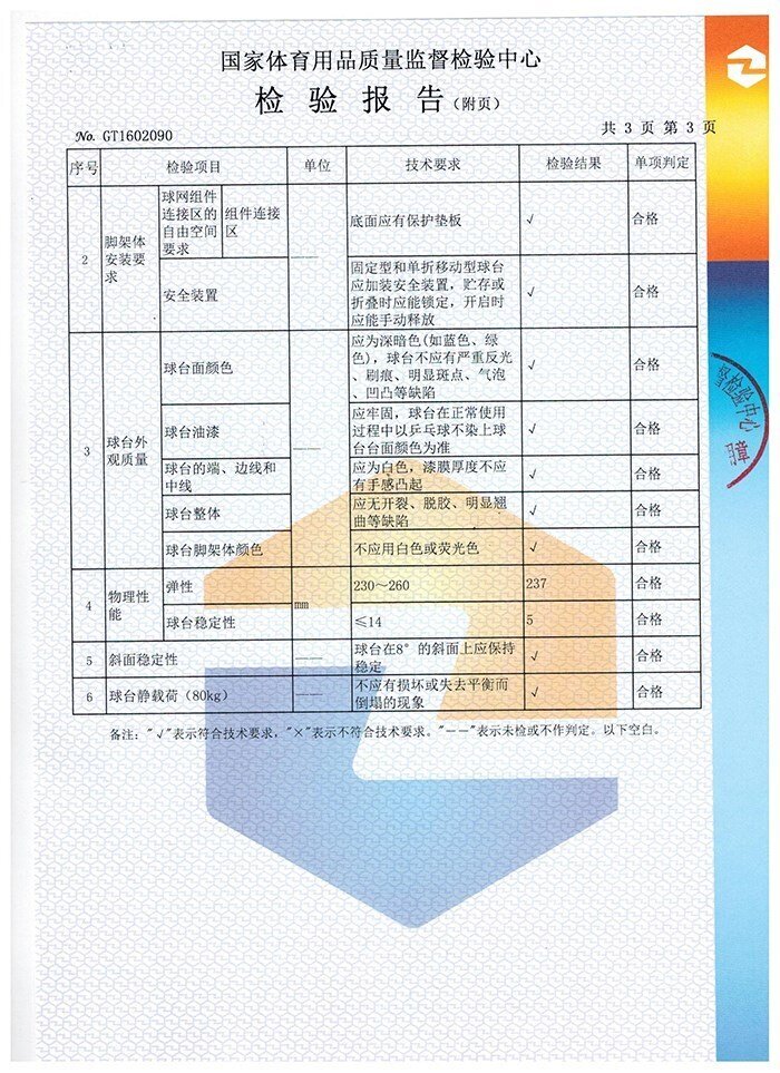 室內(nèi)乒乓球臺檢驗報告